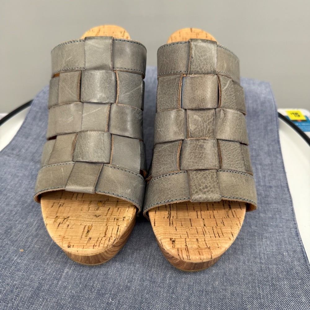 Kork-Ease Devan Slide Sandals 9M Grey Leather Woven Studded Block Heel Clogs - Picture 2 of 8